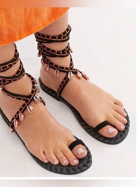 Free People Black Lace-Up Sandals with Copper Shell Accents